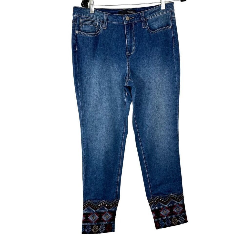 Versona Hi-Rise Boho Embroidered Ankle Denim Jeans Womens Waist 32